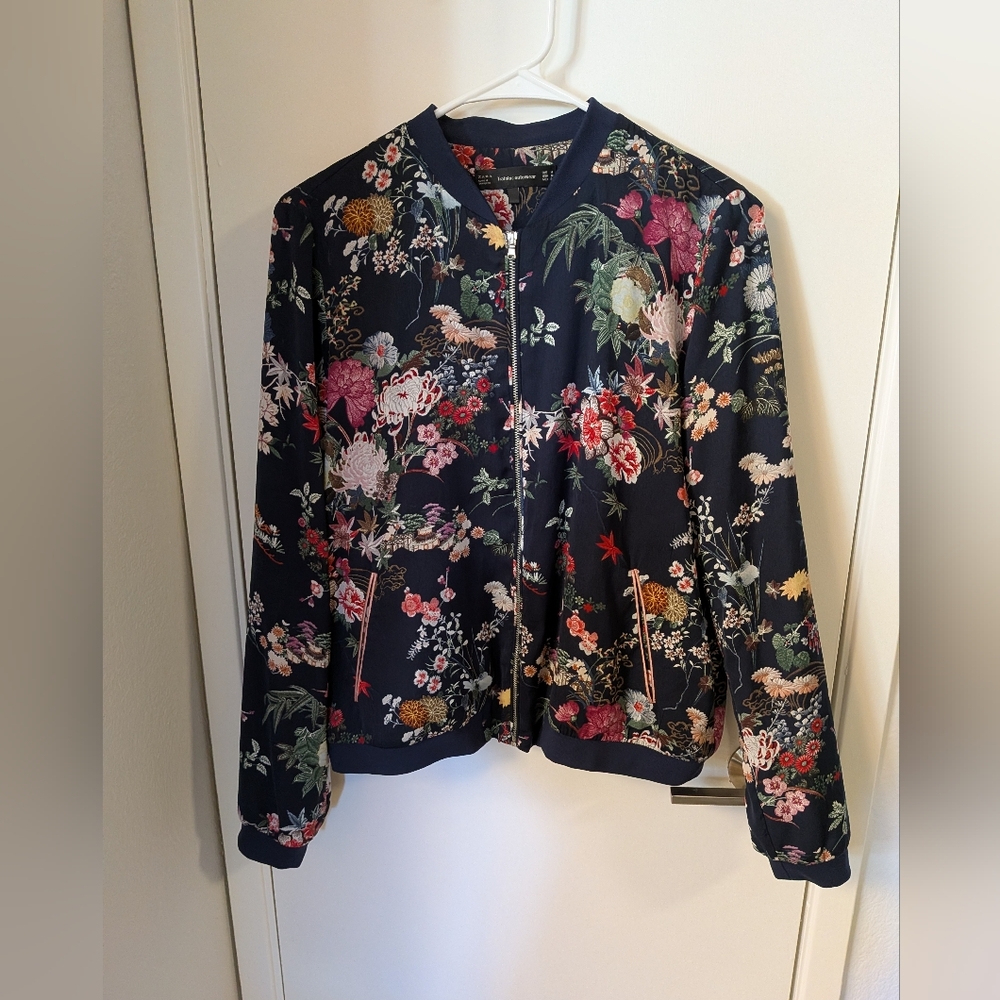 Zara Navy Floral Bomber Jacket